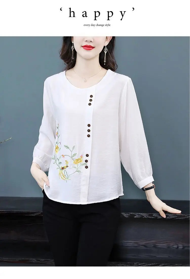 Summer Cotton Linen Embroidery Loose Casual Blouse Lady 3/4 Sleeve Vintage All-match Top Women Fashion Oversized Elegant Shirt
