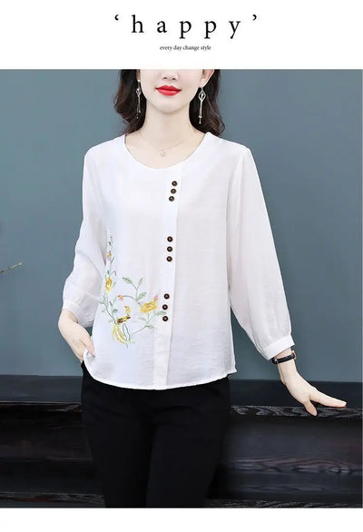 Summer Cotton Linen Embroidery Loose Casual Blouse Lady 3/4 Sleeve Vintage All-match Top Women Fashion Oversized Elegant Shirt