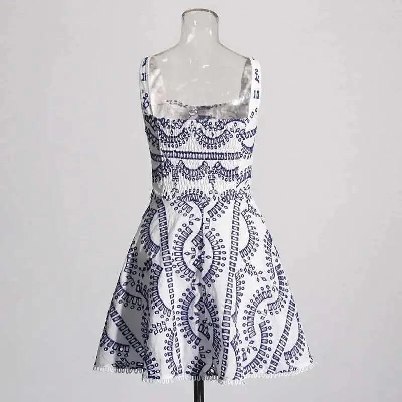 Summer Sundress Holiday Print Embroidery Cotton Short Cake Dress Women Sleeveless Tank Elastic Back Cocktail Party Vestidos