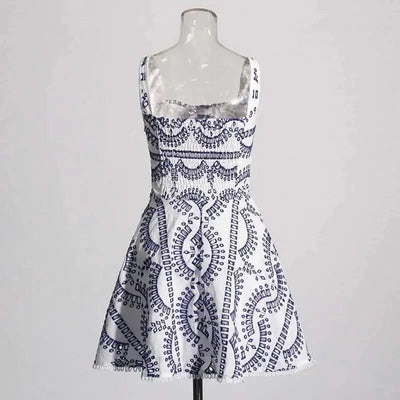 Summer Sundress Holiday Print Embroidery Cotton Short Cake Dress Women Sleeveless Tank Elastic Back Cocktail Party Vestidos