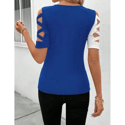 Women's Blouses T-shirt Summer New Colour Block Cross Off Shoulder