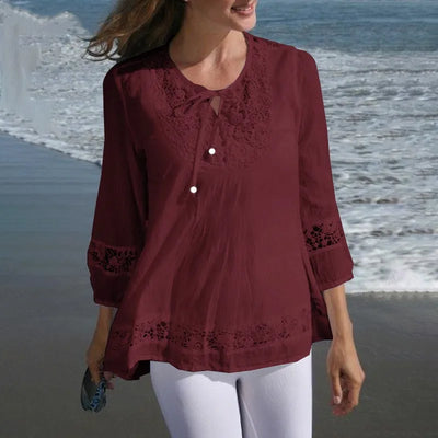 Fashion Women's Solid Lace Top Cotton Linen Casual Top Woman New Summer Blouse Three-Quarter Sleeve Loose Shirt & Blouse Women
