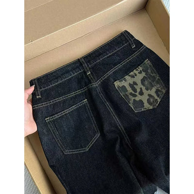 Oversized Wide Leg Pants for Women Spring Autumn Retro High Waist Leopard Print Jeans American Style Straight Loose Denim Pants