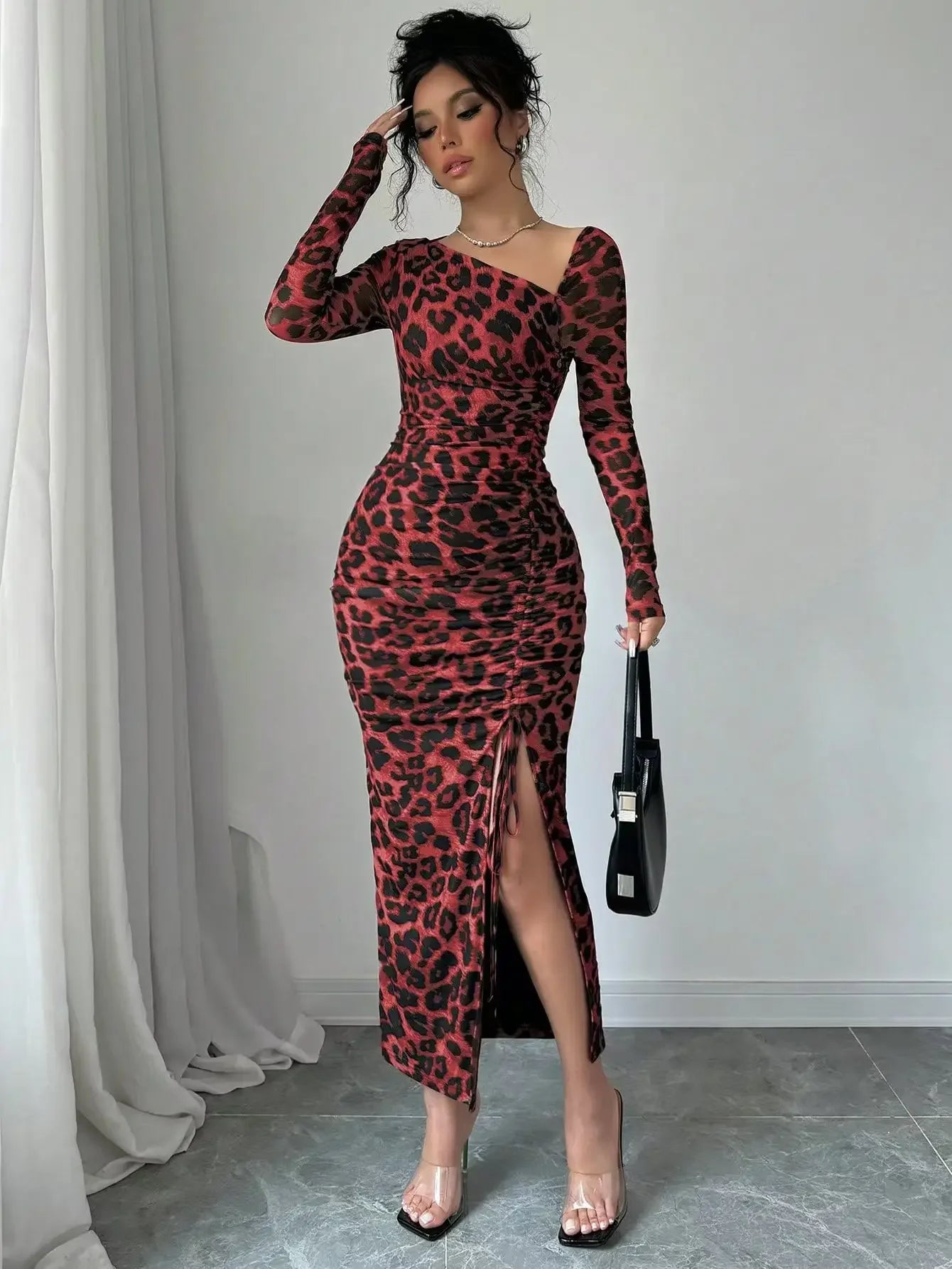 Sexy Leopard Print Women's Dresses Fashion Ruffled Sexy Slit Party Dress For Women Spring Summer  Bodycon Package hip Vestidos