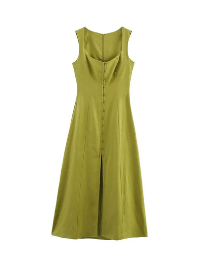 TFMLN Women's A-line Long Dress Elegant Square Neck Sleeveless Wide Sling Maxi Dresses 2025 Summer Lady Commute Button Dresses