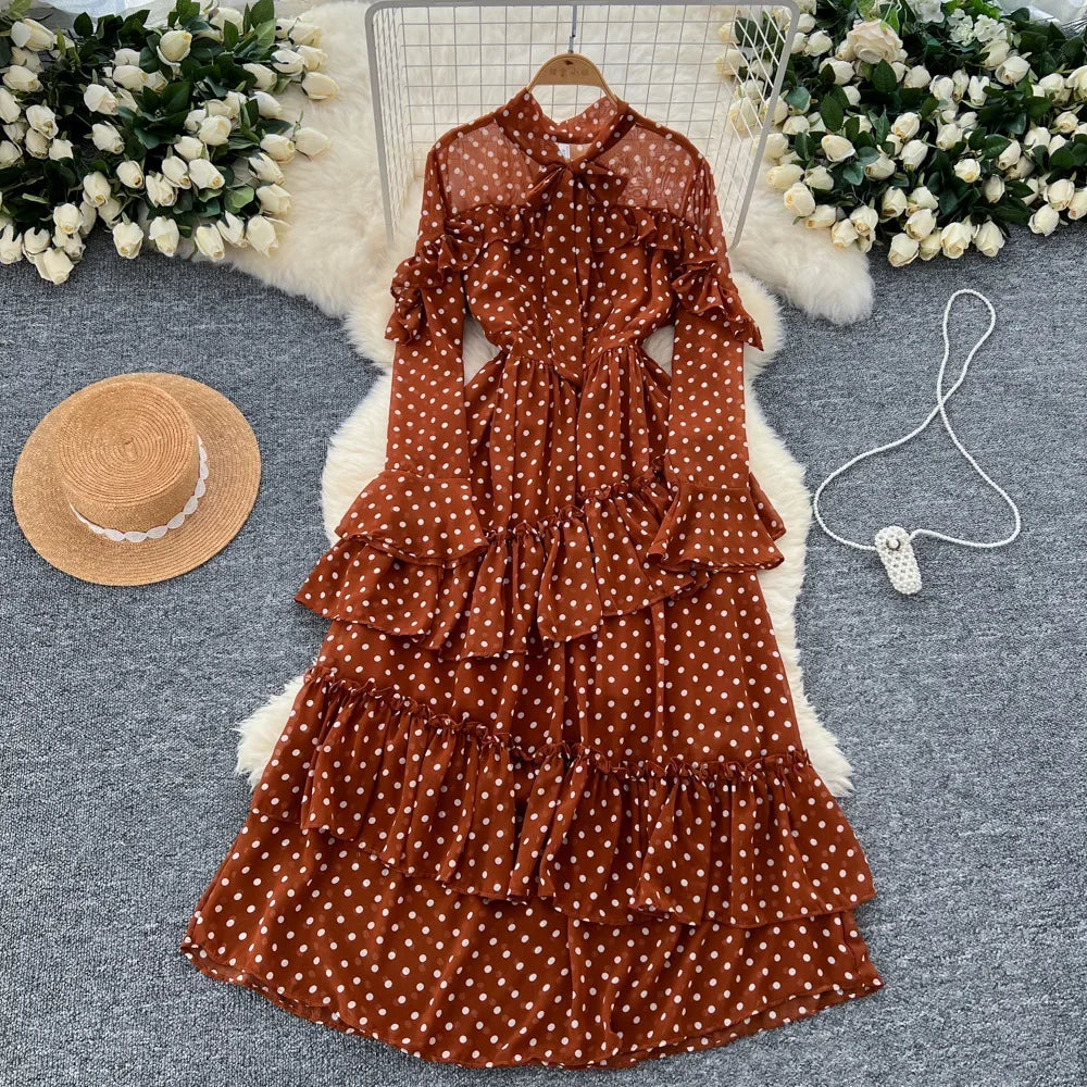Dot Dress Women Long Dresses Print Chiffon Lace Up Flare Sleeve A Line Vestidos Streetwear Elegant Splice Y2k High Waist Party