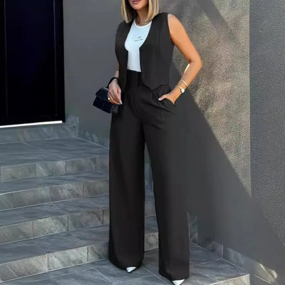 Trousers Suit Women's Vest Trousers Suit Elegant Loose Regular Work Suit High Waist Wide-leg Trousers 2-piece Street Suit