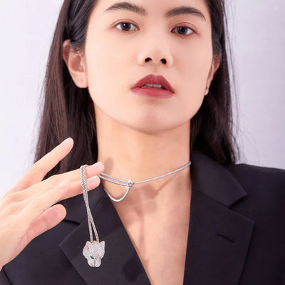 Designer Collection Fashion Luxurious Bracelet Long Necklace Men Women Lady Inlay Full Zircon Leopard Head Pendant Double Chain