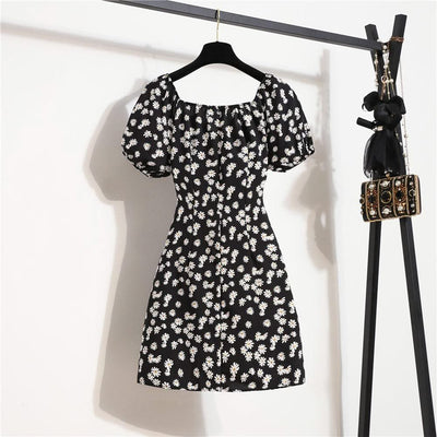 Women Mini Printed Floral Chiffon Shirring Pleated Short Puffy Sleeve Casual Dresses Summer Fashion