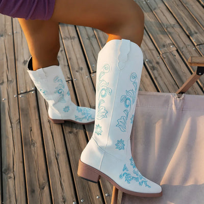 Women's Boots  New Embroidered Long Tube Boots Low Heel Calf Waterproof Cold Resistant Comfort Fashion Knight Boots
