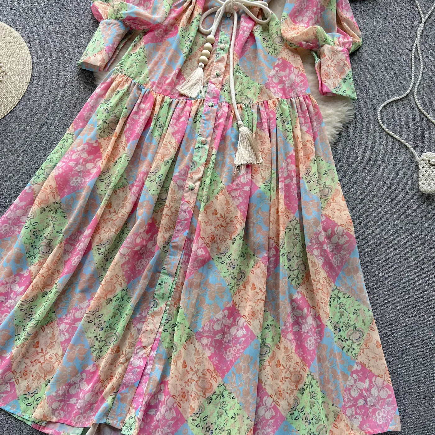 Long Dress Women Dresses A Line Chiffon Vestidos Stand Collar Streetwear Floral Print Elegant Splice Y2k Party Night High Waist