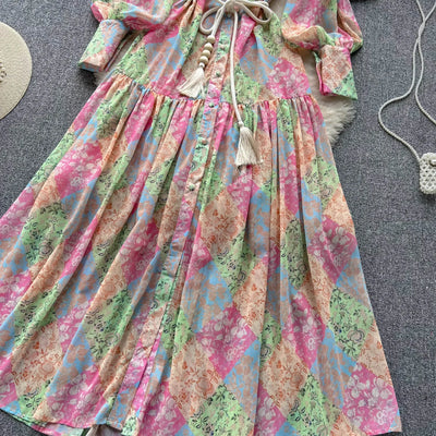 Long Dress Women Dresses A Line Chiffon Vestidos Stand Collar Streetwear Floral Print Elegant Splice Y2k Party Night High Waist