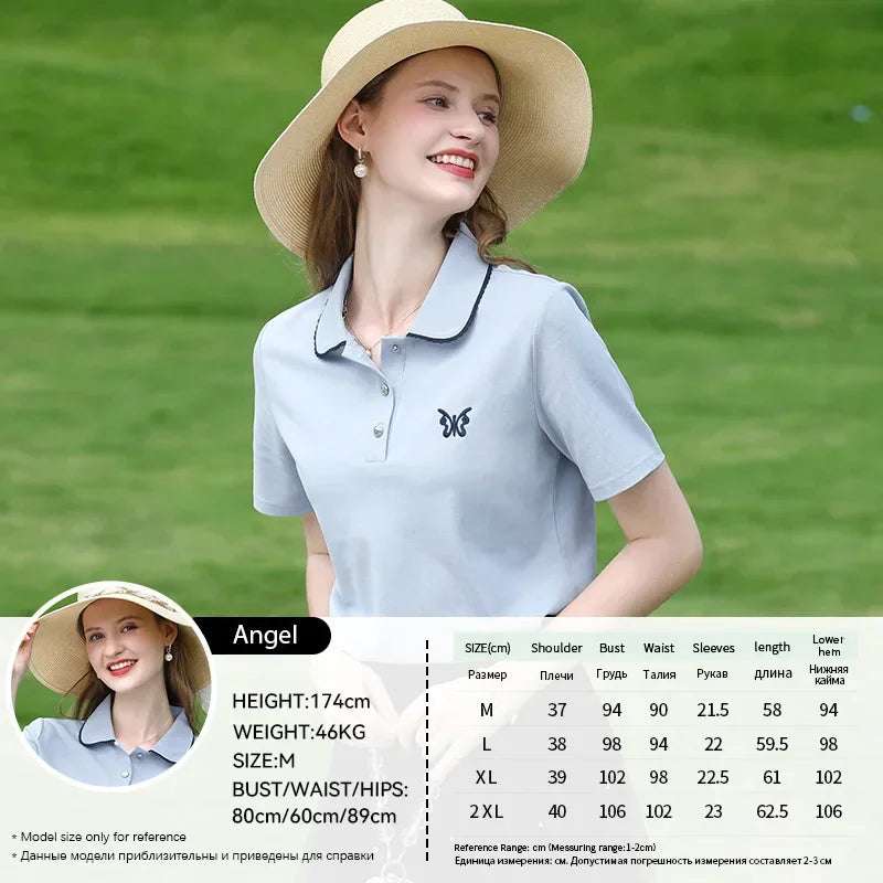 I BELIEVE YOU Blue Polo Collar T-shirt Top for Women Summer 2025 Butterfly Embroidered Breathable Short Sleeve Tees 2252015969