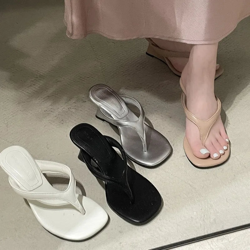 Women High-heeled Slippers 2025 Summer Clip Toe Flip Flop Fashion Pumps French Wedge Sandals Square Toe Ladies Shoes Sandalias