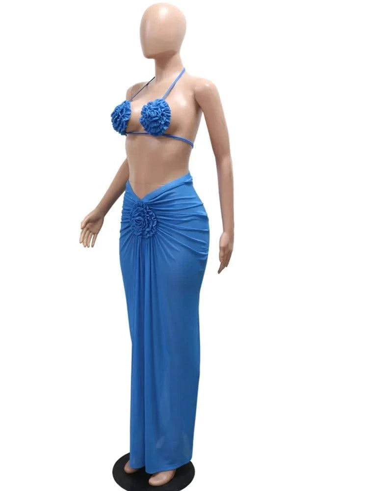 Beyprern Women's Royal Blue 3D Flower Bikini Set 3 Pieces Outfits Summer Sheer Mesh Blossmed Ruched Dress Cover-Up Set Swimsuits