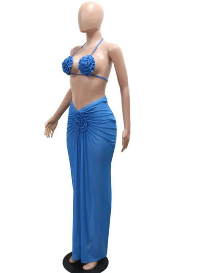 Beyprern Women's Royal Blue 3D Flower Bikini Set 3 Pieces Outfits Summer Sheer Mesh Blossmed Ruched Dress Cover-Up Set Swimsuits