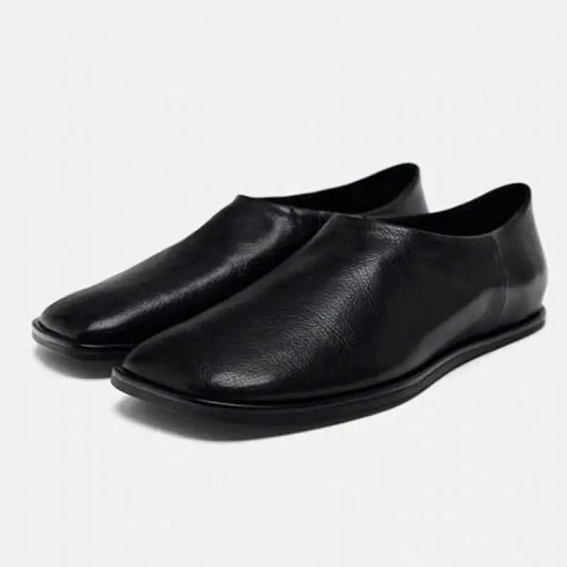 Genuine Leather Women's Black Square Toe Flats Comfortable Summer Shoes