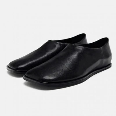 Genuine Leather Women's Black Square Toe Flats Comfortable Summer Shoes