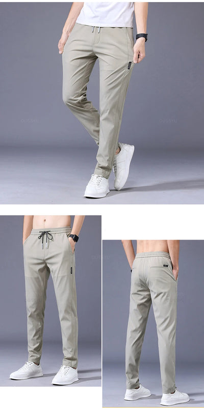 2025 Men's Trousers Spring Summer New Thin Green Solid Color Fashion Pocket Applique Full Length Casual Work Pants Pantalon