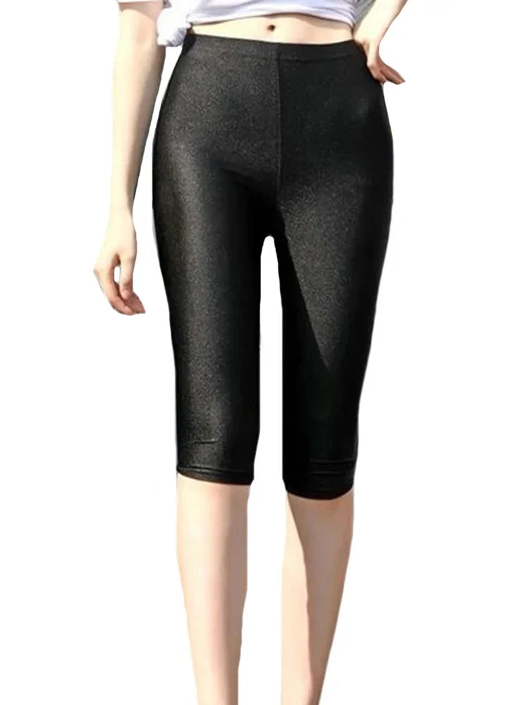 CUHAKCI Fluorescent Color Women Leggings Shiny Leggins Spandex Pants Summer Super Elastic Fitness Capris