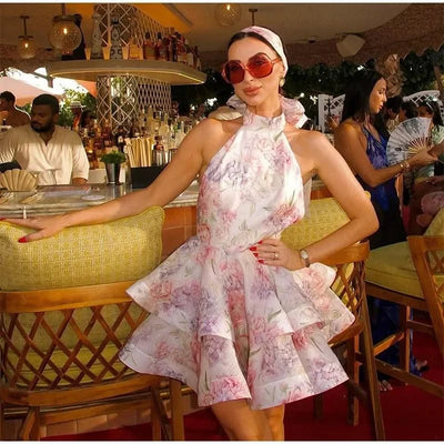 New Summer Party Dress Sweet Print Backless Mini Gown Women Elegant Lace Up Sleeveless A-line Vestidos Female Beach Holiday