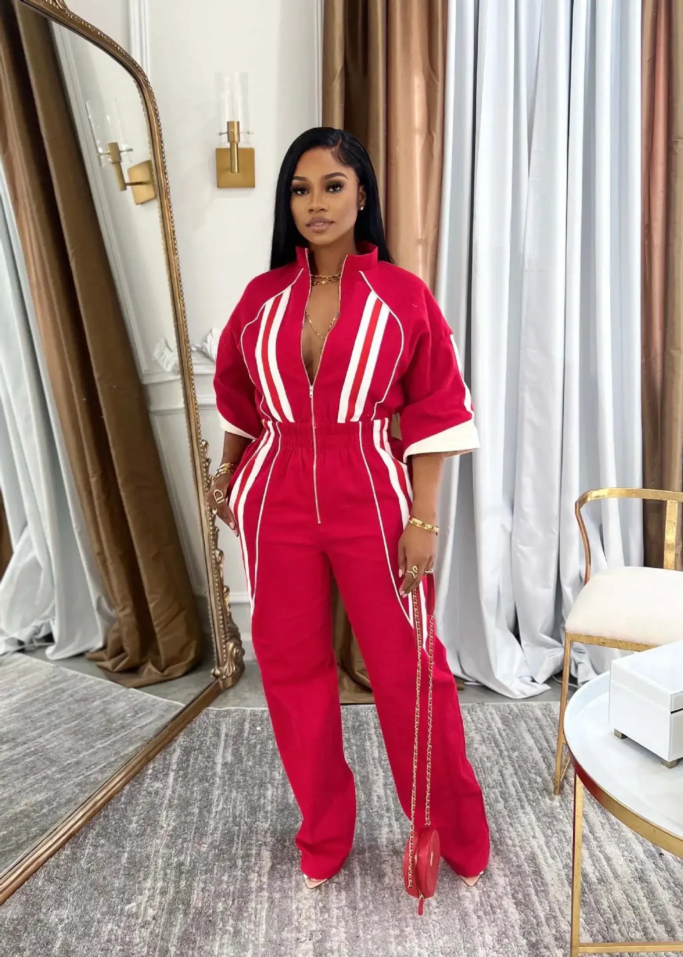 Women Jumpsuits For Spring 3/4 Sleeve Print Stripe Loose Fashion Streetwear Overalls Wide Leg Pants Trousers 2025 Summer
