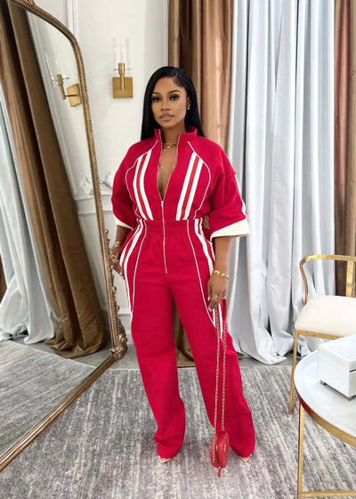 Women Jumpsuits For Spring 3/4 Sleeve Print Stripe Loose Fashion Streetwear Overalls Wide Leg Pants Trousers 2025 Summer