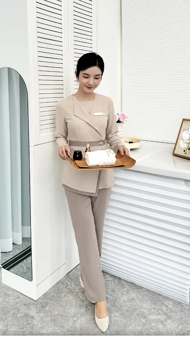 Women's Khaki SPA Uniform Set 2025 Spring/Autumn New Style Beauty Salon Front Desk Workwear Top And Pants Company Wholesale