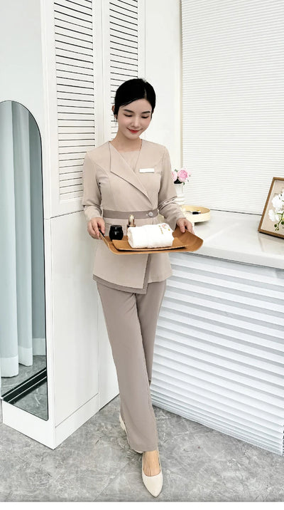 Women's Khaki SPA Uniform Set 2025 Spring/Autumn New Style Beauty Salon Front Desk Workwear Top And Pants Company Wholesale