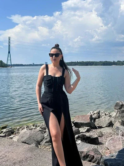 FLAXMAKER Pockets One Piece Swimsuit and Pants Women Swimwear Bodysuit Dress