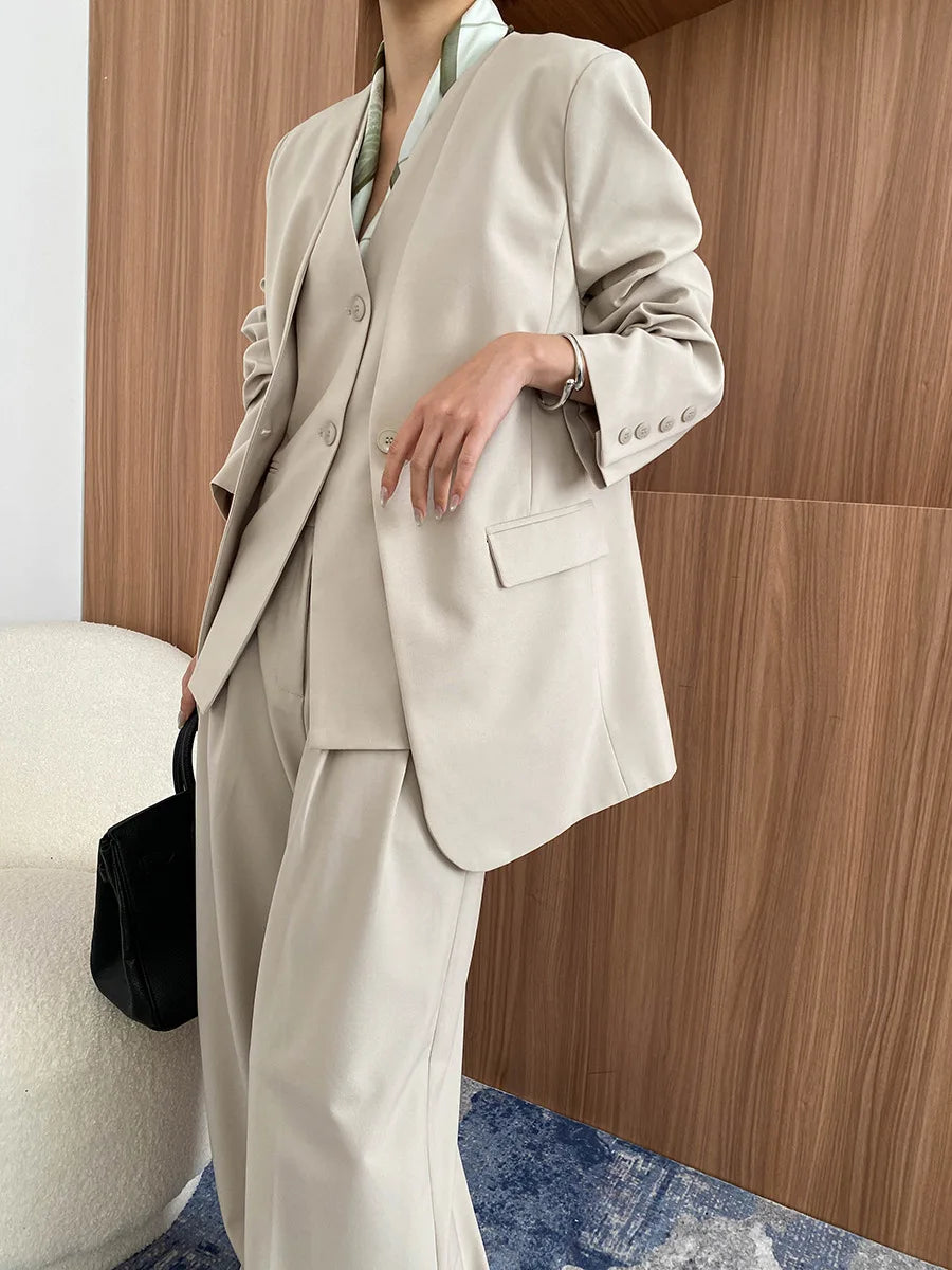 Spring and Autumn Women's Casual Solid Color Loose Jacket+V-neck Vest+Wide Leg Pants Set