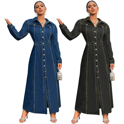 Denim Dress Women Long Dresses Spring Turn Down Collar Elegant Work Splice Vestidos Single Breasted A Line Y2k Tops Streetwear