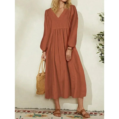 Women's fashion European and American dress Women's clothing Cotton linen loose lantern sleeves