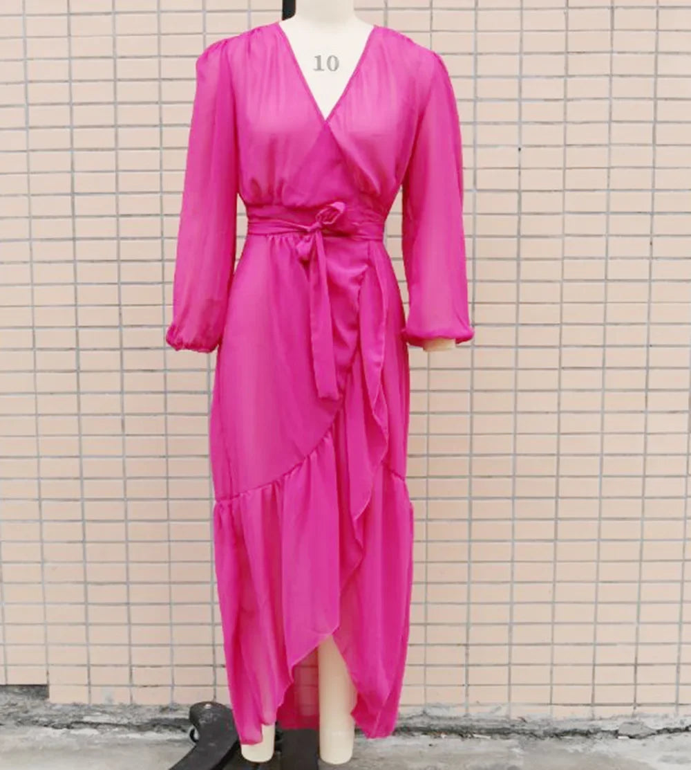 2024 New Lace Up Bikini Cover Ups for Women Maxi Dresses Solid Long Sleeve Beach Dress