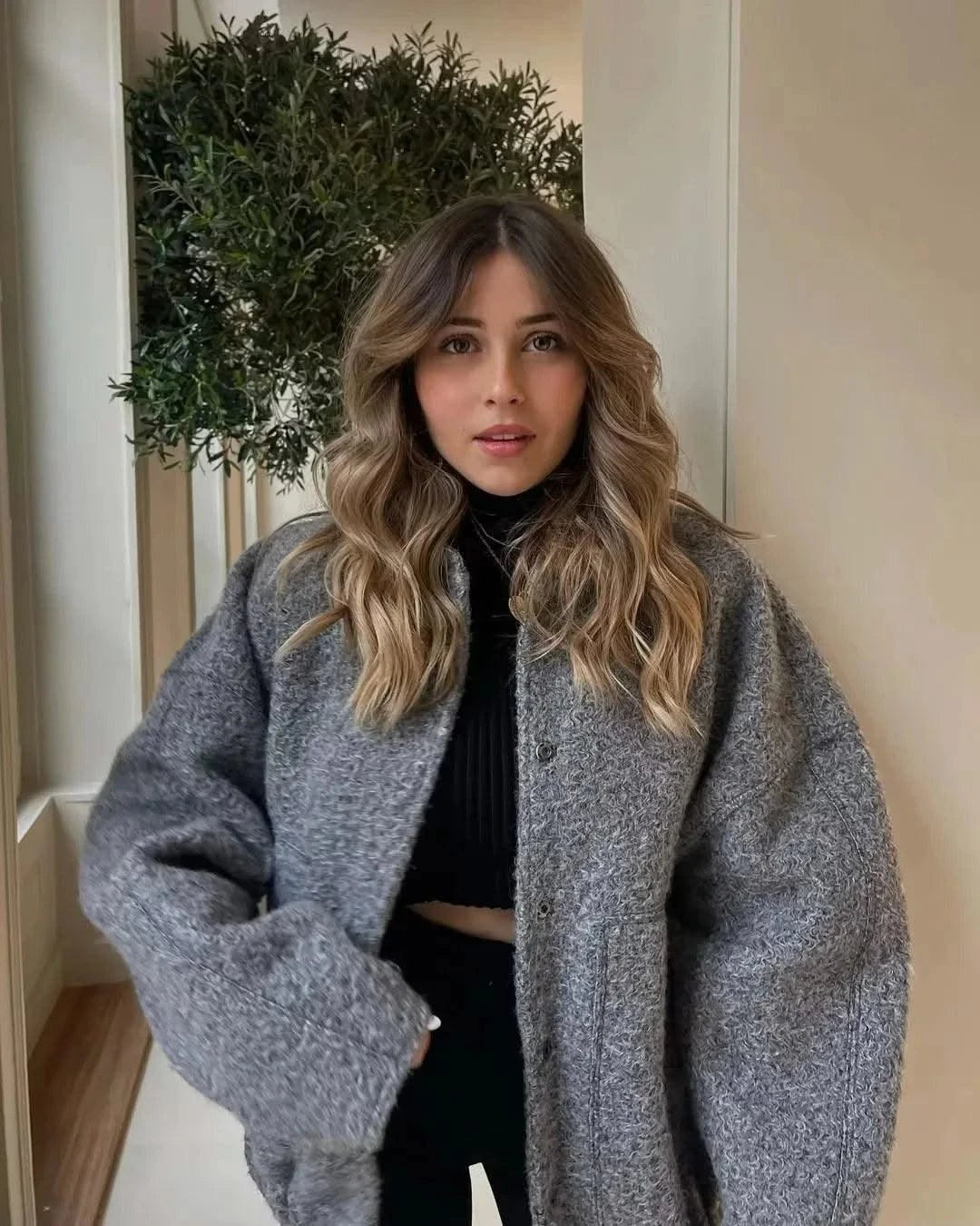 Woman's Oversized Bomber Jacket Autumn New Round Neck Long Sleeve Pocket Hidden Button Loose Jackets Coat Female Outerwear