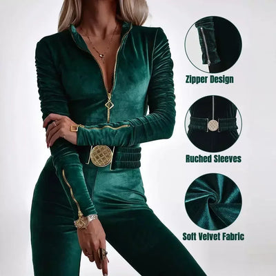 Zipper Design Ruched Long Sleeve Velvet Jumpsuit with Elastic Waistbelt Women Jumpsuits Pants Overall