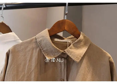 Cotton Linen Women Medium-Length White Polo Shirt Women Large Size Women Clothing Spring Autumn Design Niche Long-Sleeved Shirt