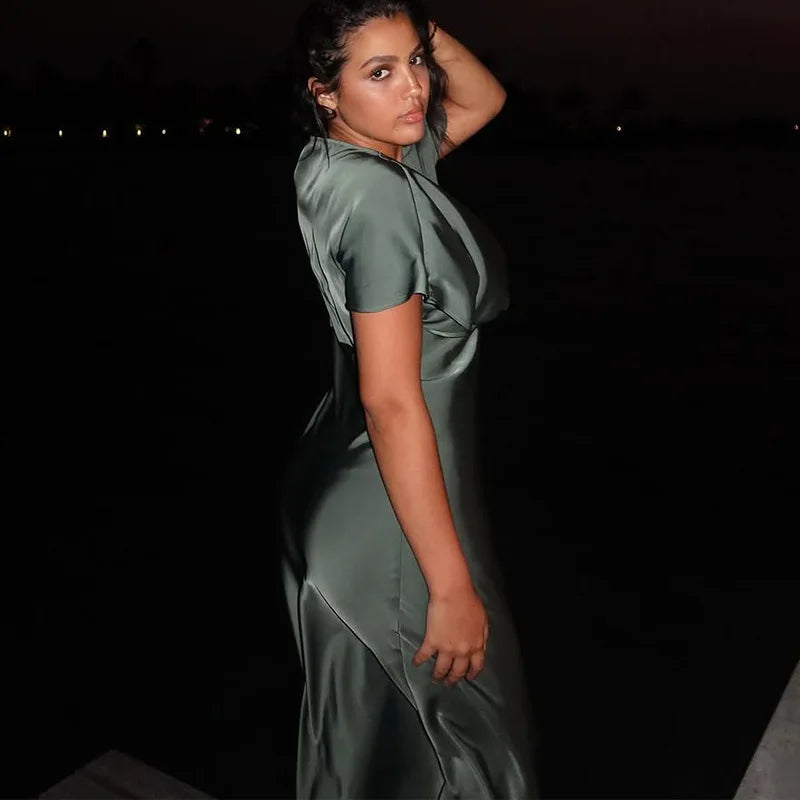 Women's Summer Dress 2025 New Elegant Fashion Slim V-neck Stain Long Dress Women Chic Comfortable Casual Dresses