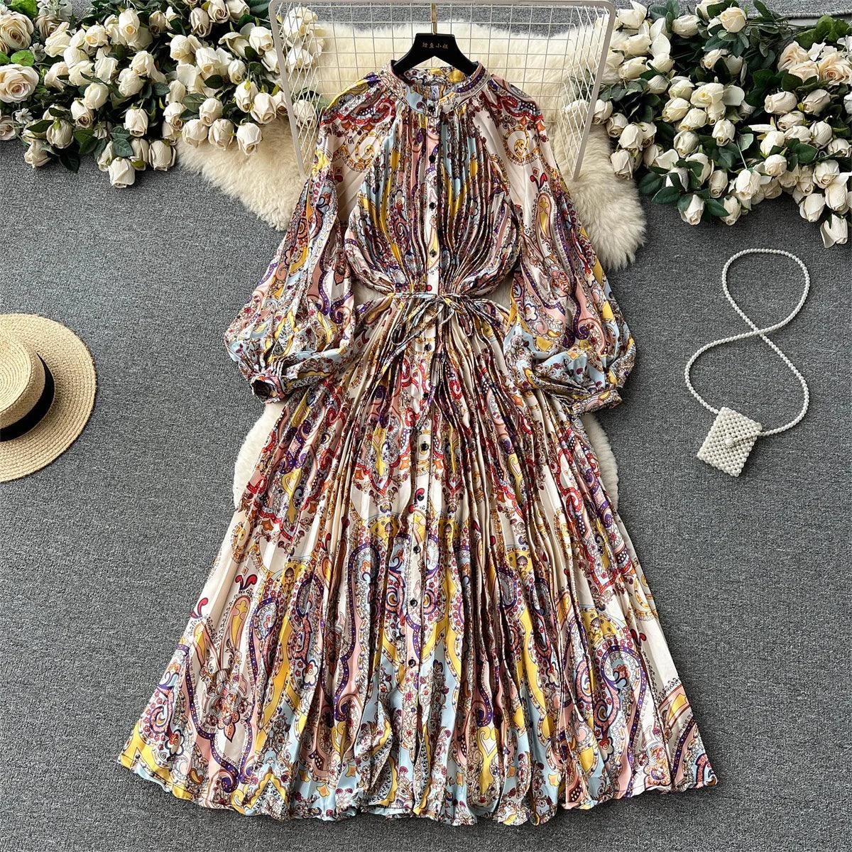 Retro Print Elegant Pleated Lantern Long Sleeve O Neck Single Breasted Dress A-line  Casual High Waist Women Summer Dresses