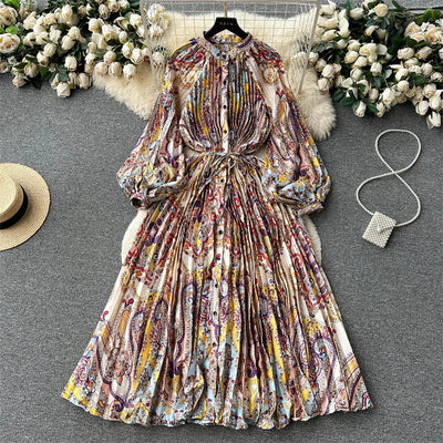 Retro Print Elegant Pleated Lantern Long Sleeve O Neck Single Breasted Dress A-line  Casual High Waist Women Summer Dresses