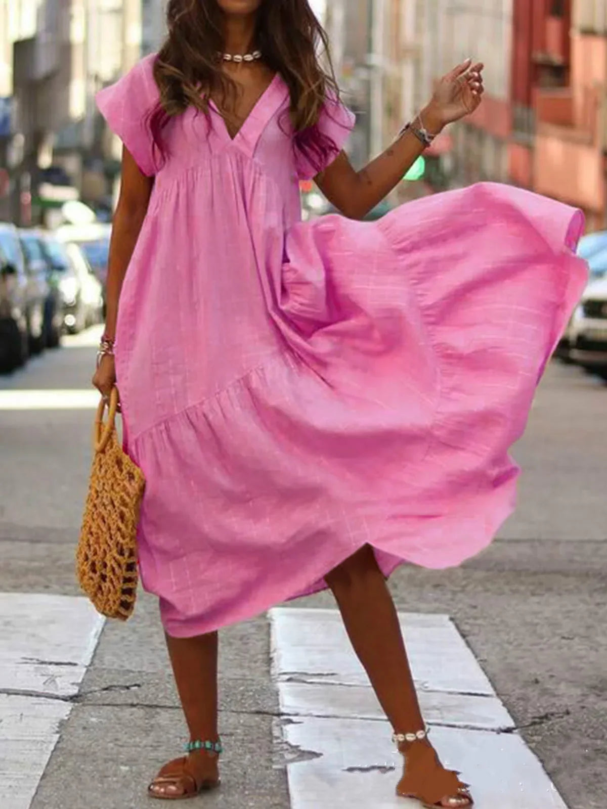 Bohemian Summer Dress for Women V Neck Vestidos Ladies Streetwear Solid Ruffle Dresses Asymmetrical Loose Robe Women Clothing
