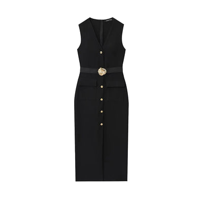 Black Elegant Party Midi Dresses 2025 Women's Summer Sleeveless Long Dresses Fashion Casual Vintage Evening Party Dress  ﻿