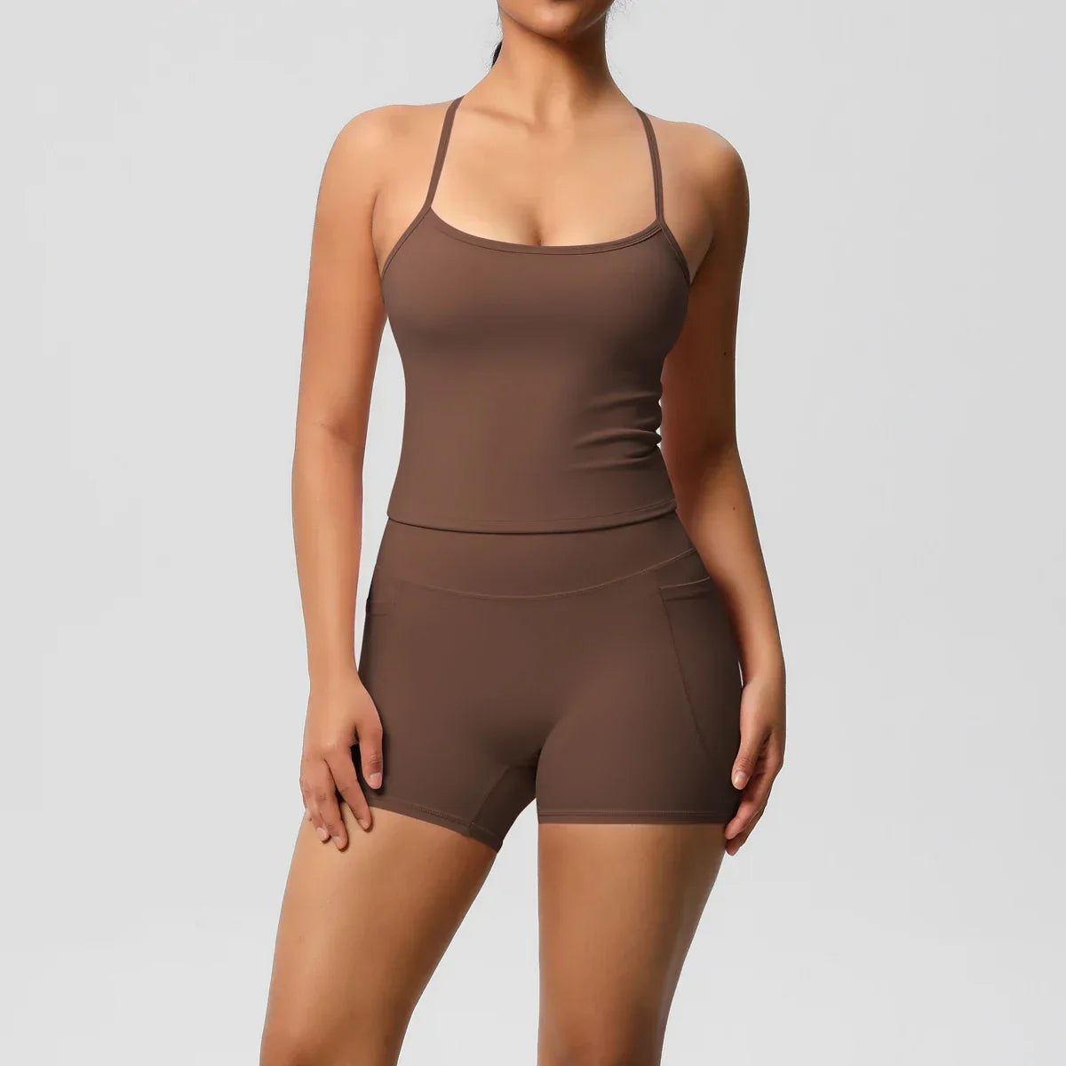 2PCS Sportswear With Pocketed Yoga Set Gym Clothes Yoga Suits For Women Tracksuits Sports Shorts Crossover Bra Gym Leggings