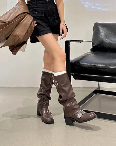 Woman Boots Knee High Platform Chunky Heels Trend Punk Gothic New Rock Leather Fashion Women's Shoes Motorcycle Footwear