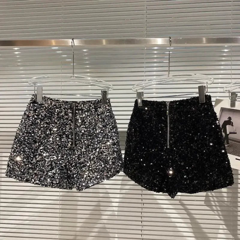 2025 New Summer Spring New Full Sequined Shiny Casual Shorts Heavy Zipper Nightclub Socialite Short Shorts Hot Pants for Women - Elanique