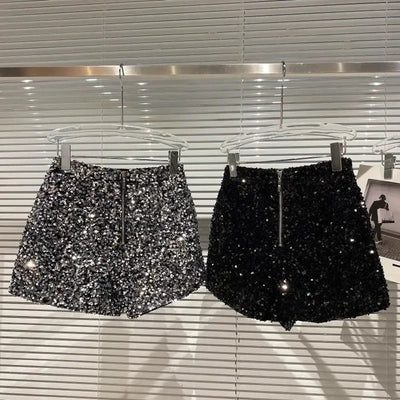 2025 New Summer Spring New Full Sequined Shiny Casual Shorts Heavy Zipper Nightclub Socialite Short Shorts Hot Pants for Women - Elanique