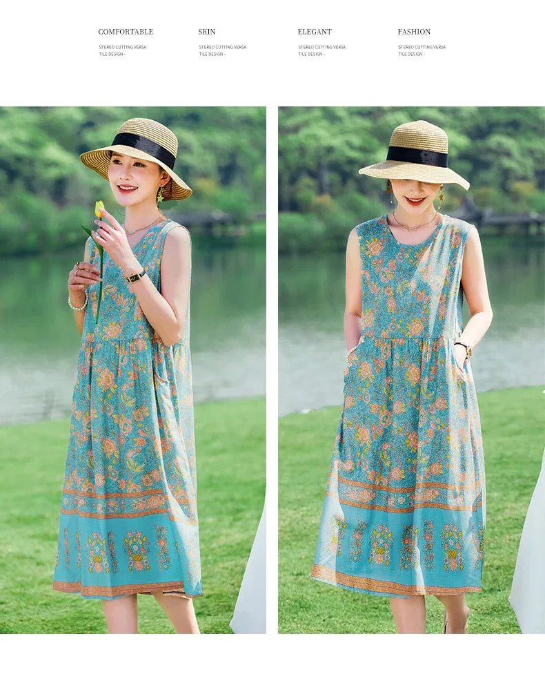 New 2024 Women Summer dresses print  Women  sleeveless Boho Beach Dress Vintage  Dresses  Sundress Beach Dress Tunic  Vestidos