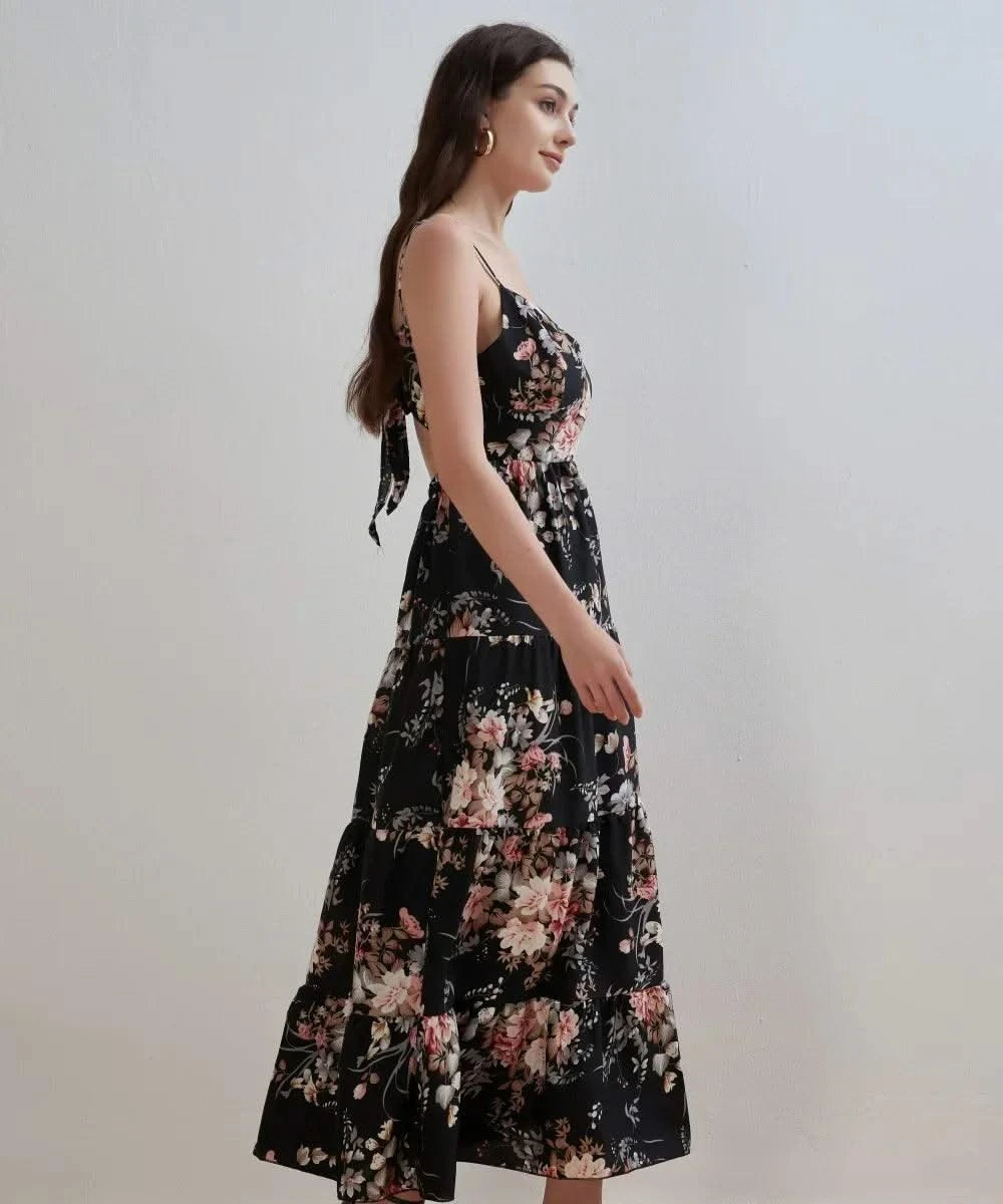 Women's Summer Black Floral V Neck Sleeveless Backless Halter Dress Fashion Elegant Sexy Bow Tie Black Backless Party Dresses