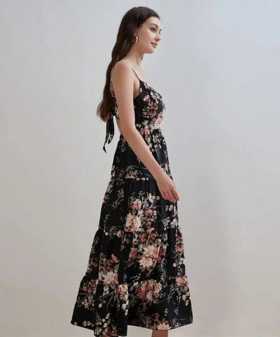 Women's Summer Black Floral V Neck Sleeveless Backless Halter Dress Fashion Elegant Sexy Bow Tie Black Backless Party Dresses