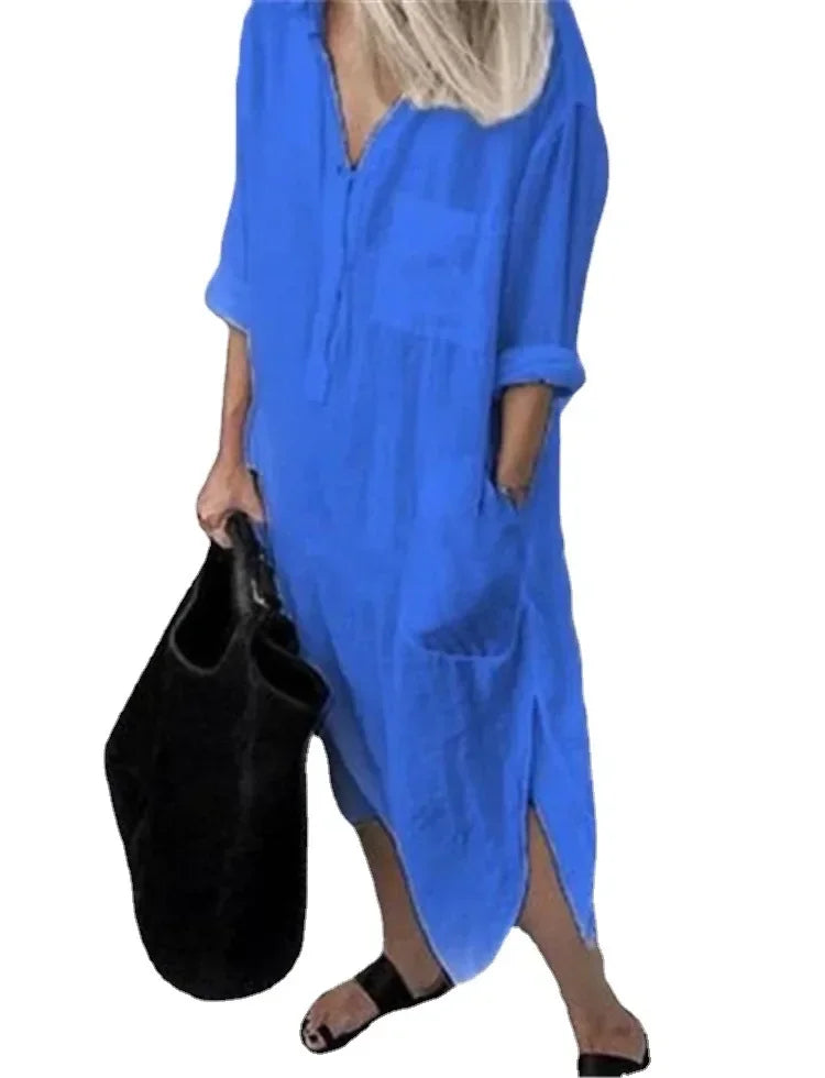 Women's Cotton Linen Shirt Dresses Loose Long Sleeve Turn-Down Collar Pullover Solid Dresse Casual Holiday Beach Party Sundress